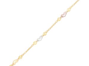 14k Tri-Color Gold Anklet with Multi Color Heart Stations