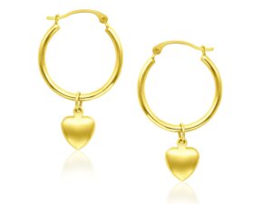 14k Yellow Gold Hoop Earrings with Dangling Puffed Heart