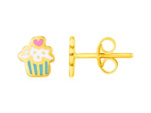 14k Yellow Gold and Enamel Cupcake Stud Earrings