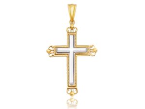 14k Two-Tone Gold Cross Pendant with an Ornate Budded Style