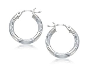 14k White Gold Hoop Earrings with Diamond Cuts (3x15mm)