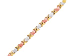 14k Tri-Color Gold Fancy Satin Heart Line Bracelet (6.35 mm)