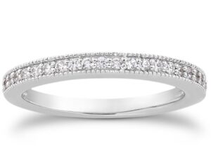 14k White Gold Pave Diamond Milgrain Wedding Ring Band Set 1/2 Around