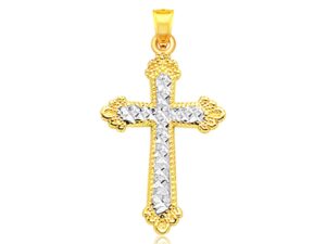 14k Two Tone Gold Diamond Cut Cross Pendant
