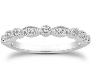 14k White Gold Vintage Look Fancy Pave Diamond Milgrain Wedding Ring Band