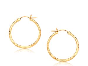 14k Yellow Gold Slender Hoop Earring with Diamond-Cut Finish (25mm Diameter)