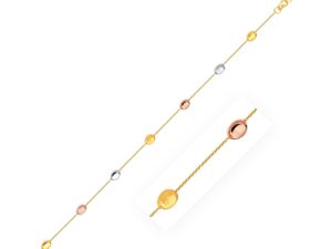 14k Tri-Color Gold Puffed Oval Shape Station Adjustable Anklet