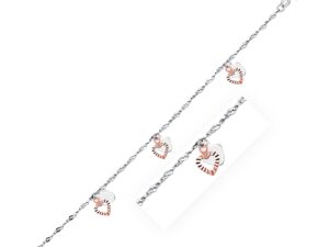 14k White and Rose Gold Anklet with Dual Heart Charms