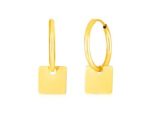 14k Yellow Gold Huggie Style Hoop Earrings with Square Drops