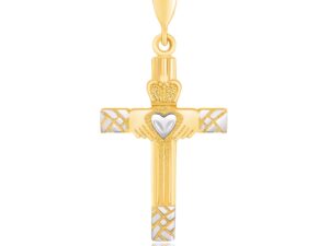 14k Two-Tone Gold Cross Pendant with a Claddagh Motif