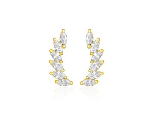 14k Yellow Gold Leaf Motif Climber Post Earrings with Marquise Cubic Zirconias