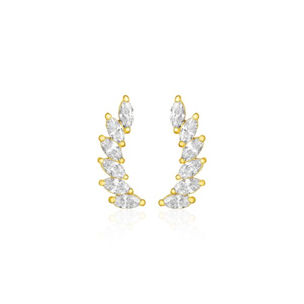 14k Yellow Gold Leaf Motif Climber Post Earrings with Marquise Cubic Zirconias