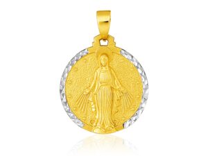 14k Two Tone Gold Round Religious Medal Pendant