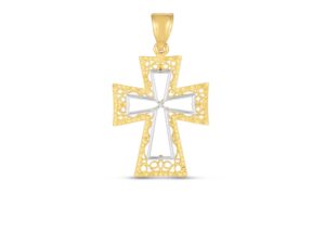 14k Two Tone Gold High Polish Diamond Cut Cross Pendant