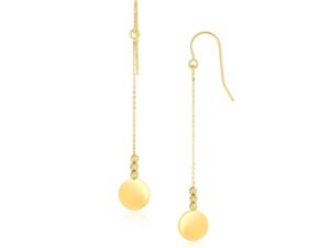 14k Yellow Gold Bead and Shiny Disc Drop Earrings