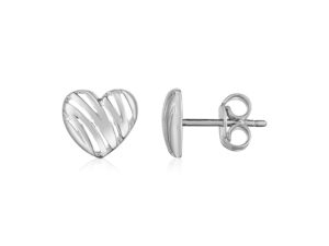 14K White Gold High Polish Scribble Heart Stud Earrings