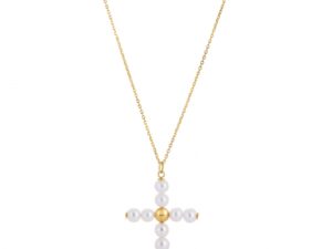 14k Yellow Gold Pearl Cross Pendant