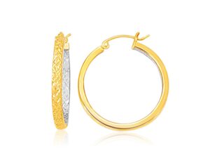 Two-Tone Yellow and White Gold Petite Patterned Hoop Earrings(3x25mm)