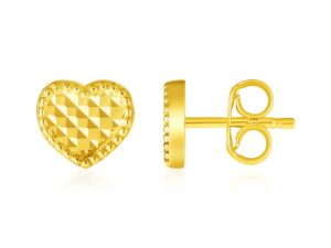 14k Yellow Gold Textured Heart Post Earrings