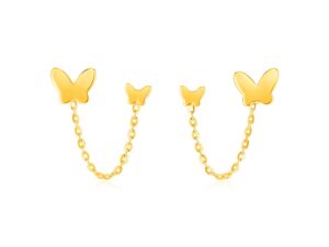 14k Yellow Gold Two Hole Post Earrings with Butterflies