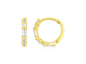 14k Yellow Gold Petite Hoop Earrings with Baguette Cubic Zirconias