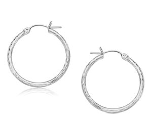 14k White Gold Diamond Cut Hoop Earrings  (2x25mm)