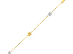 14k Two-Toned Yellow and White Gold Anklet with Textured Hearts