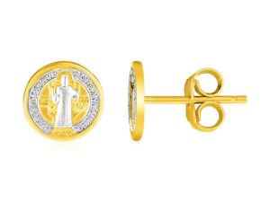 14k Two Tone Gold Round Religious Medal Post Earrings(8mm)