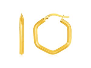 14k Yellow Gold Shiny Hexagon Hoop Earrings
