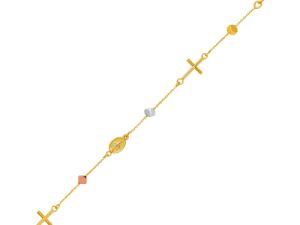 14k Tri Color Gold Bracelet with Crosses Cubes and Medallions