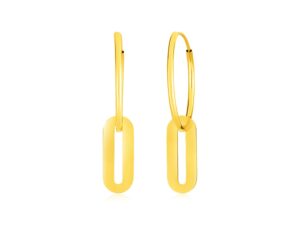 14k Yellow Gold Huggie Style Hoop Earrings with Paperclip Link Drops