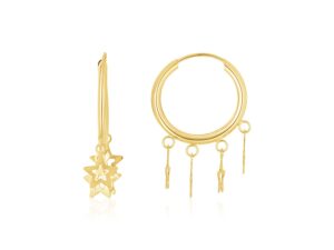 14K Yellow Gold Endless Star Charm Huggie Hoop Earrings