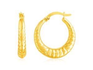 14k Yellow Gold Puffed and Scalloped Hoop Earrings