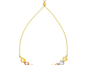 Adjustable Bracelet with Shiny Open Hearts in 14k Tri Color Gold