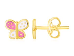 14k Yellow Gold and Enamel Pink and White Butterfly Stud Earrings