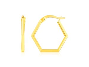 14K Yellow Gold Hexagon Shaped Hoop Earrings