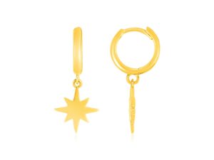 14k Yellow Gold Huggie Style Hoop Earrings with Star Drops