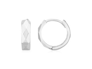14K White Gold Diamond Motif Faceted Huggie Earrings(12.9mm)