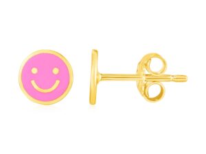 14k Yellow Gold and Enamel Pink Smiley Face Stud Earrings(6.8mm)