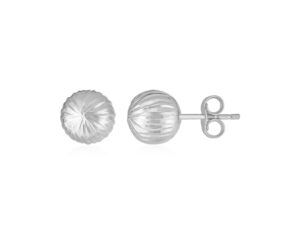 14K White Gold Ball Earrings with Linear Texture(5mm)