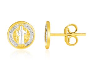 14k Two Tone Gold Round Religious Medallion Post Earrings(8mm)