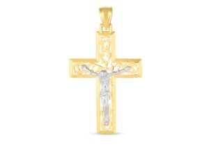 14k Two Tone Gold High Polish Diamond Cut Cross Pendant