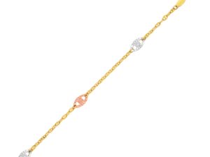 14k Three-Toned Yellow,  White,  and Rose Gold Anklet with Textured Ovals