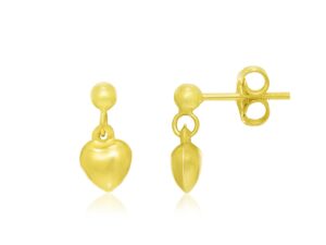 14k Yellow Gold Puffed Heart Childrens Dangling Earrings