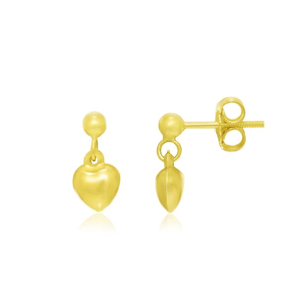 14k Yellow Gold Puffed Heart Childrens Dangling Earrings