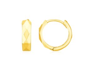 14K Yellow Gold Diamond Motif Faceted Huggie Earrings