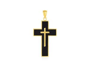 Cross Pendant with Black Enamel in 14k Yellow Gold