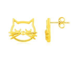 14K Yellow Gold Cat Head Earrings