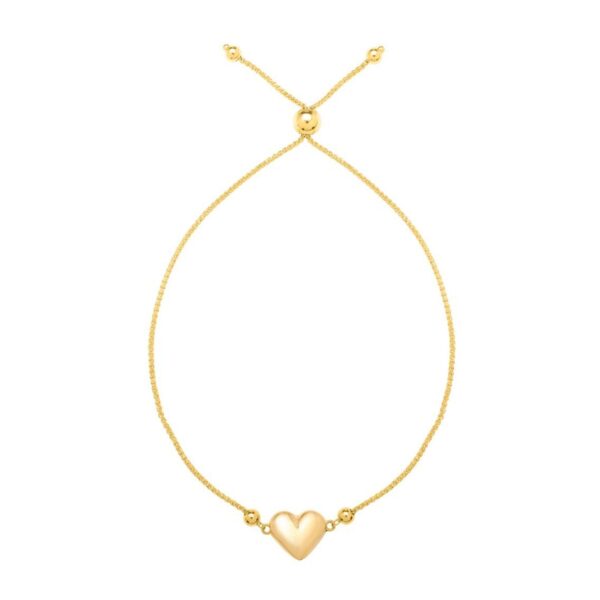 Adjustable Puffed Heart Draw String Bracelet in 14K Yellow Gold