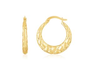 14K Yellow Gold Puffed Checkerboard Hoops